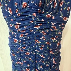 a blue body con dress with pink flowers